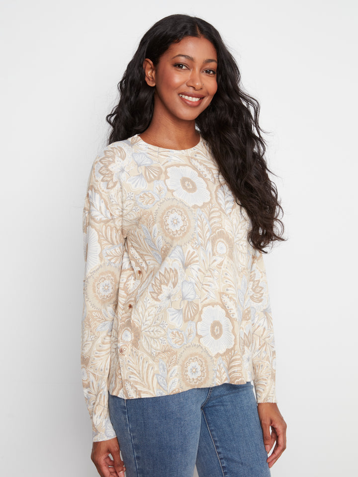 Long Sleeve Drop Shoulder Crew Neck Printed Sweater With Side Buttons Detail