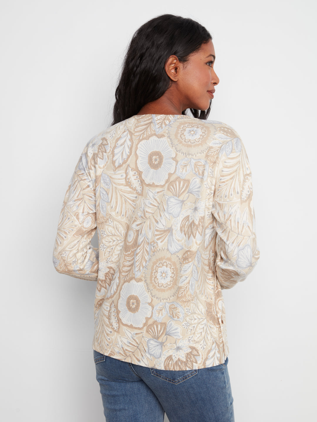 Long Sleeve Drop Shoulder Crew Neck Printed Sweater With Side Buttons Detail