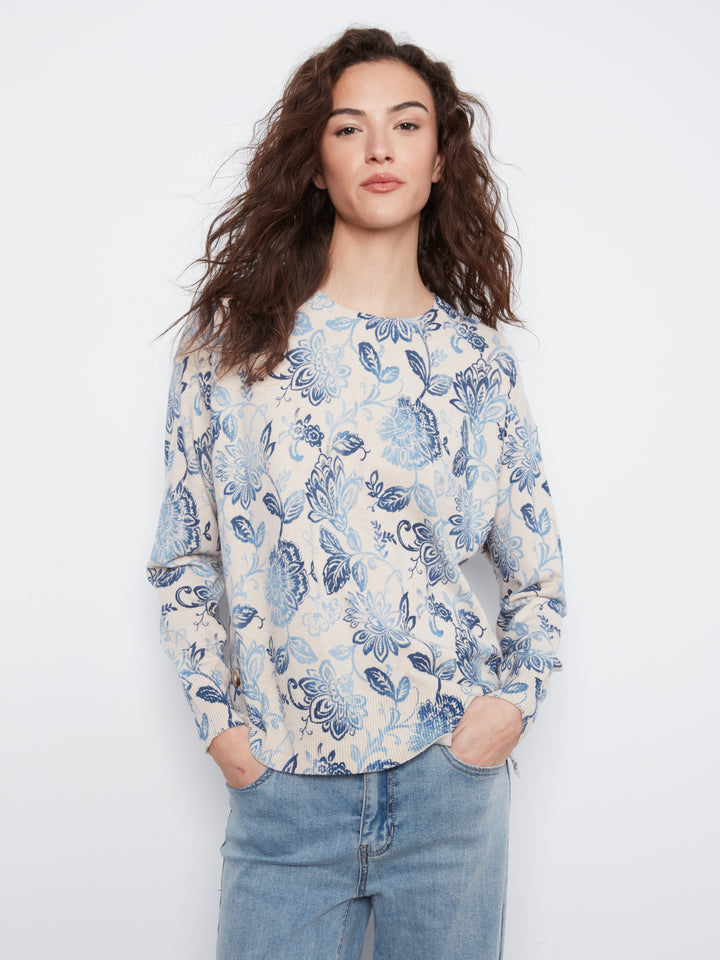 Long Sleeve Drop Shoulder Crew Neck Printed Sweater With Side Buttons Detail