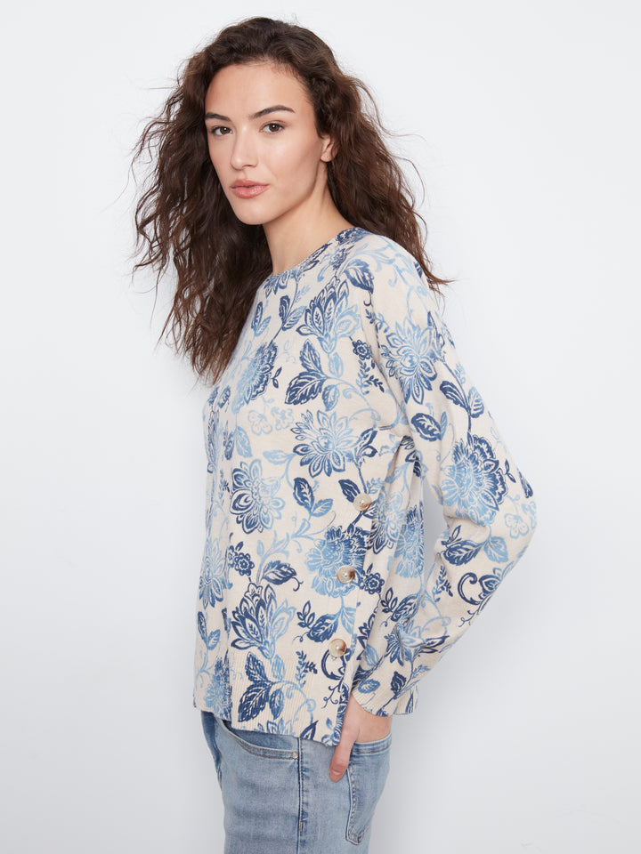 Long Sleeve Drop Shoulder Crew Neck Printed Sweater With Side Buttons Detail