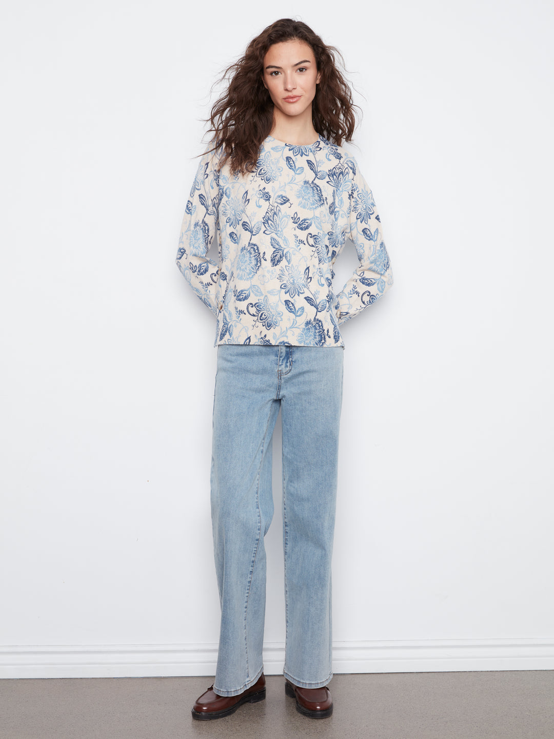 Long Sleeve Drop Shoulder Crew Neck Printed Sweater With Side Buttons Detail