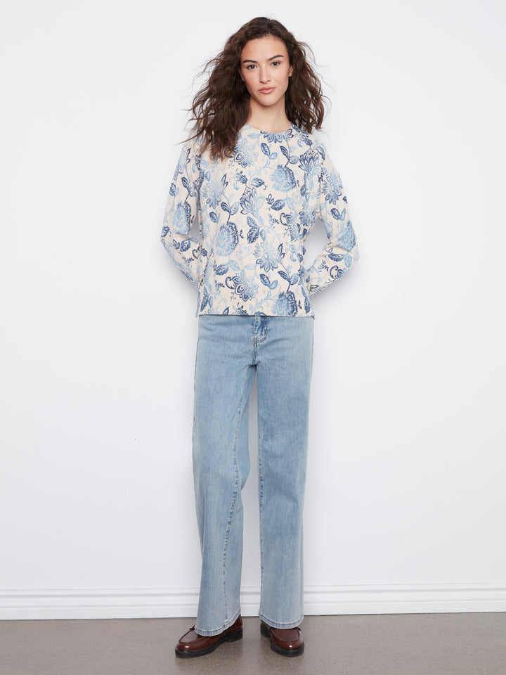Long Sleeve Drop Shoulder Crew Neck Printed Sweater With Side Buttons Detail