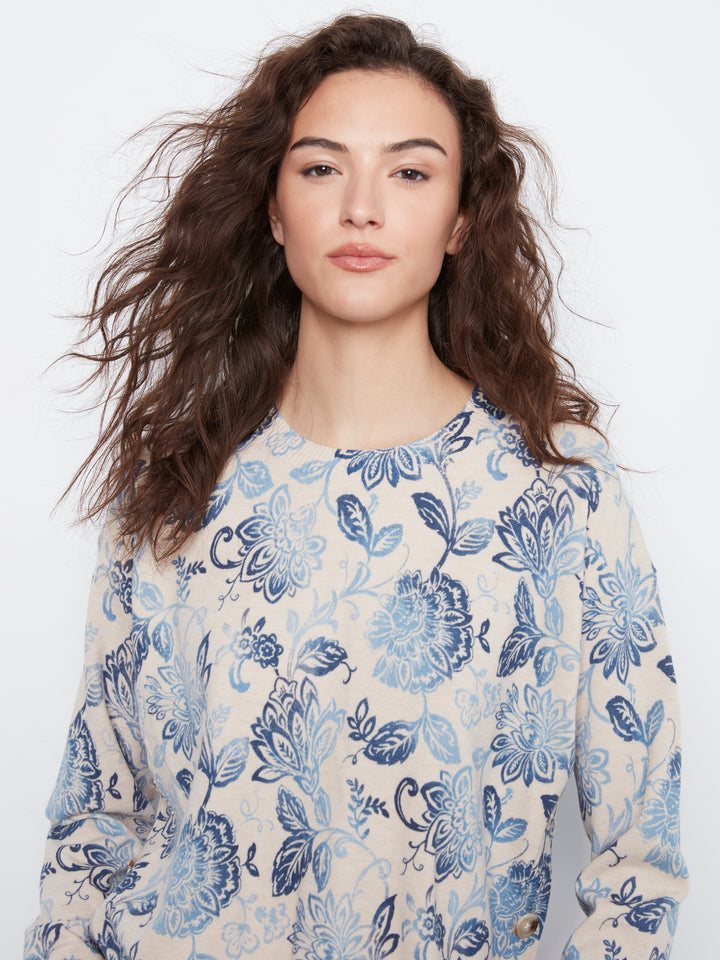 Long Sleeve Drop Shoulder Crew Neck Printed Sweater With Side Buttons Detail