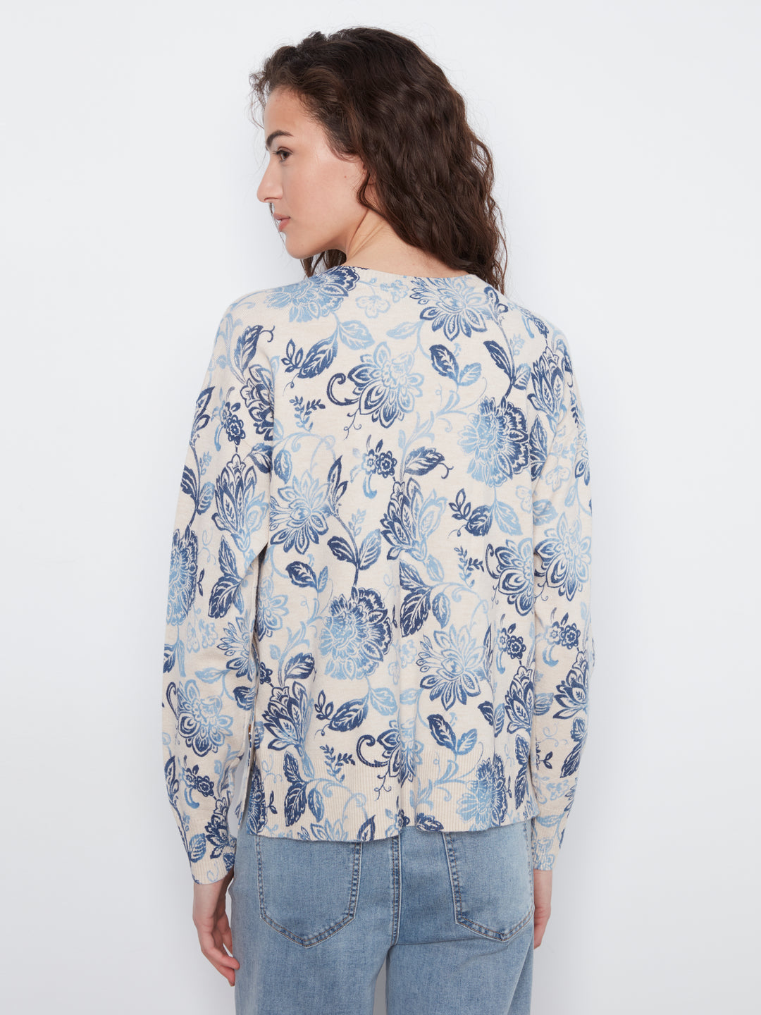 Long Sleeve Drop Shoulder Crew Neck Printed Sweater With Side Buttons Detail