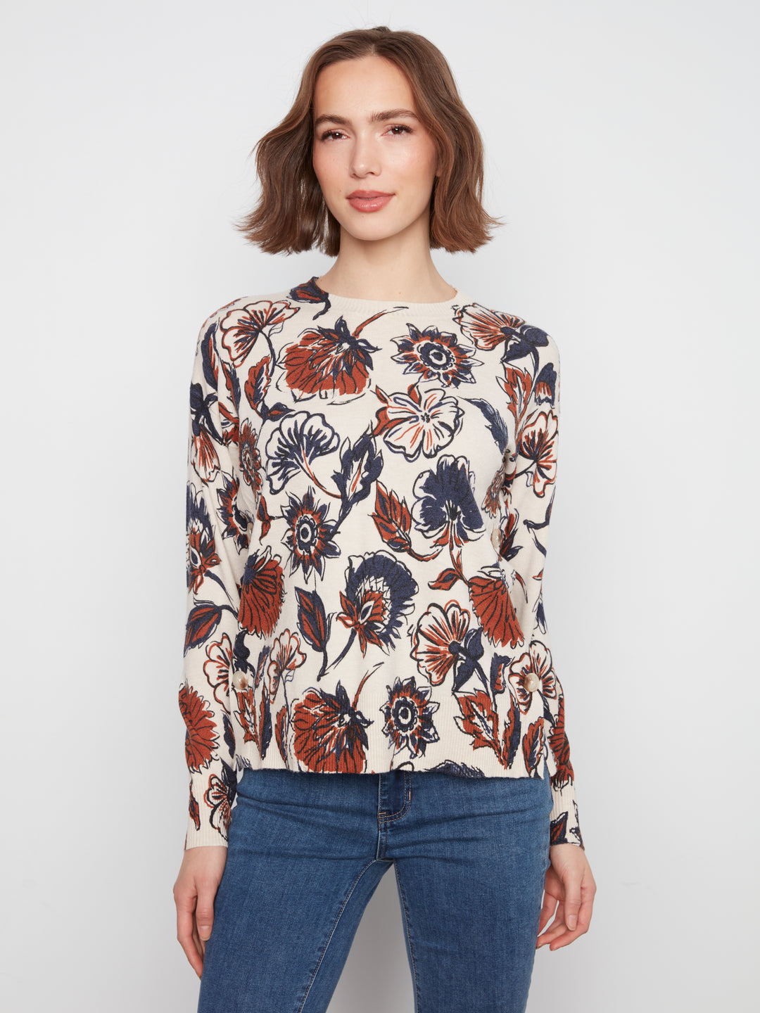 Long Sleeve Drop Shoulder Crew Neck Printed Sweater With Side Buttons Detail