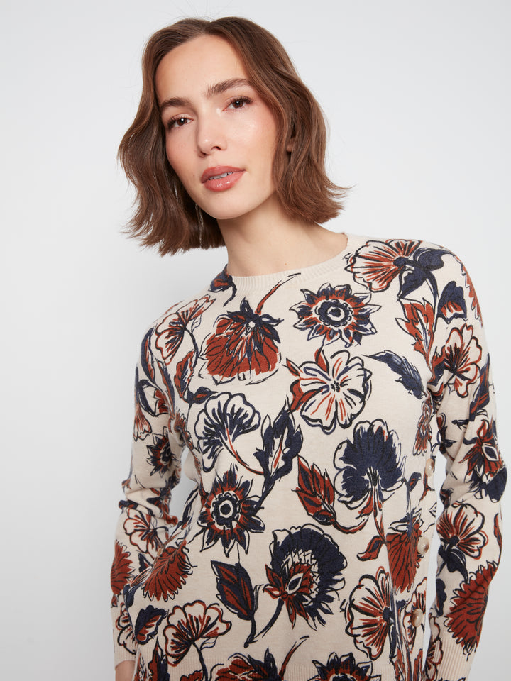 Long Sleeve Drop Shoulder Crew Neck Printed Sweater With Side Buttons Detail