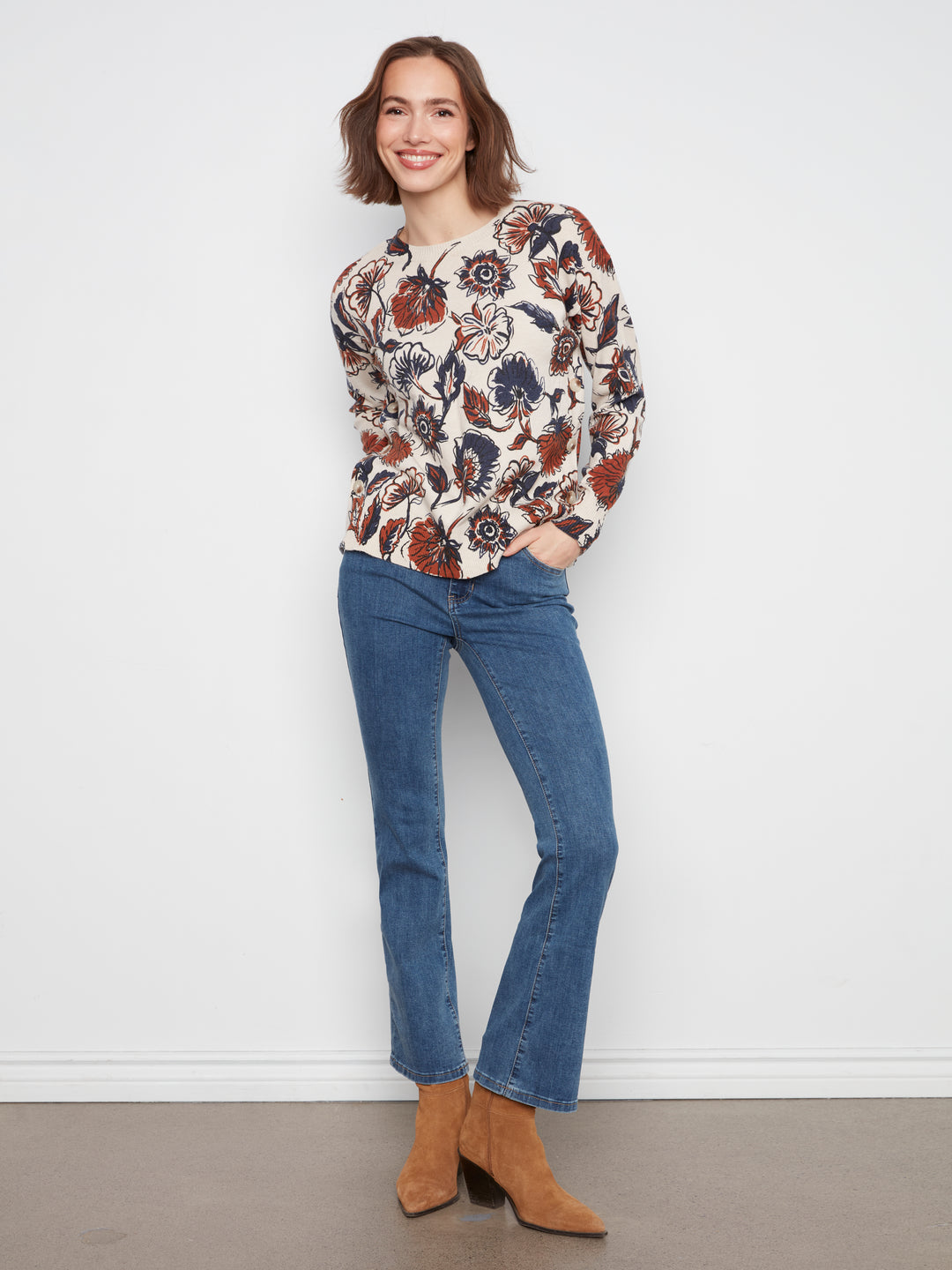 Long Sleeve Drop Shoulder Crew Neck Printed Sweater With Side Buttons Detail