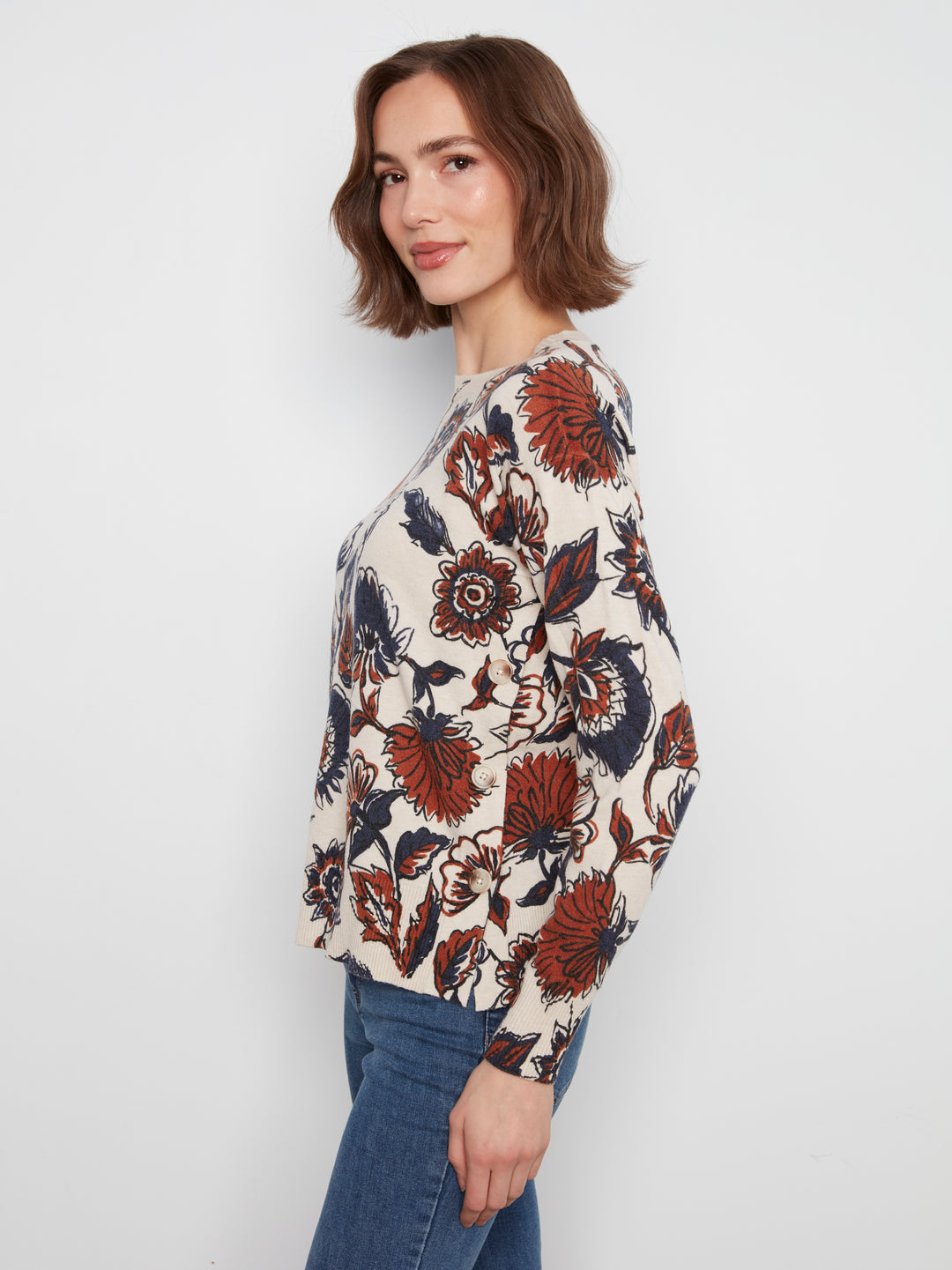 Long Sleeve Drop Shoulder Crew Neck Printed Sweater With Side Buttons Detail