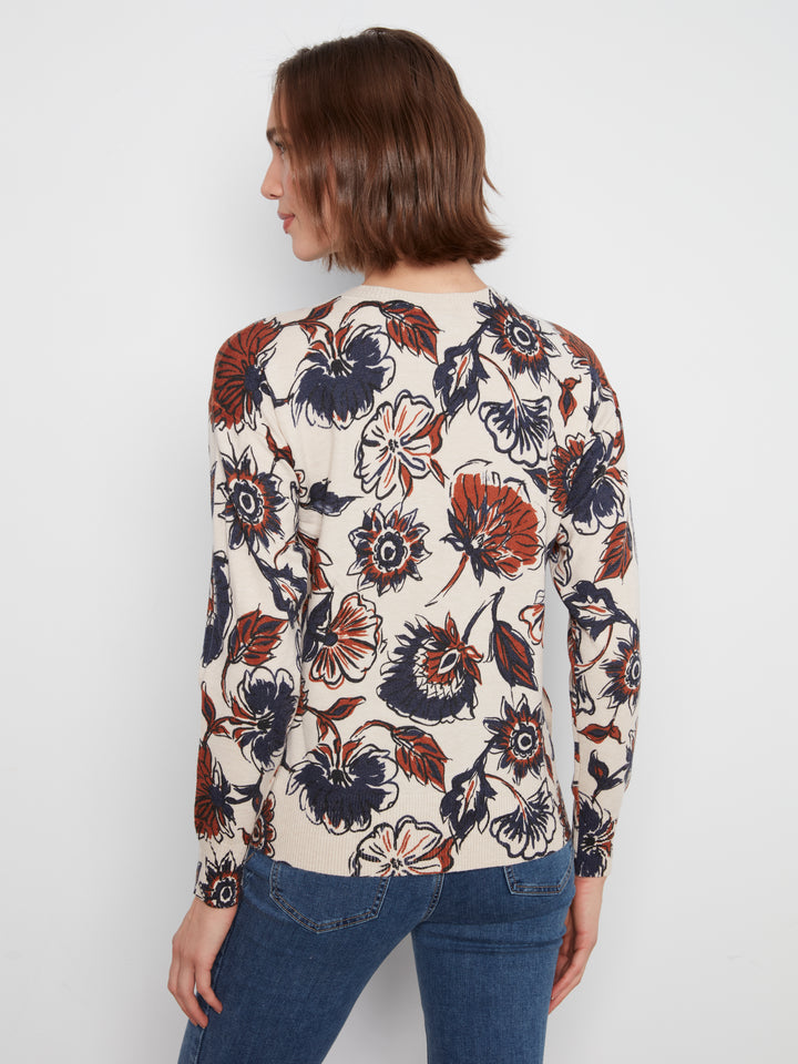 Long Sleeve Drop Shoulder Crew Neck Printed Sweater With Side Buttons Detail