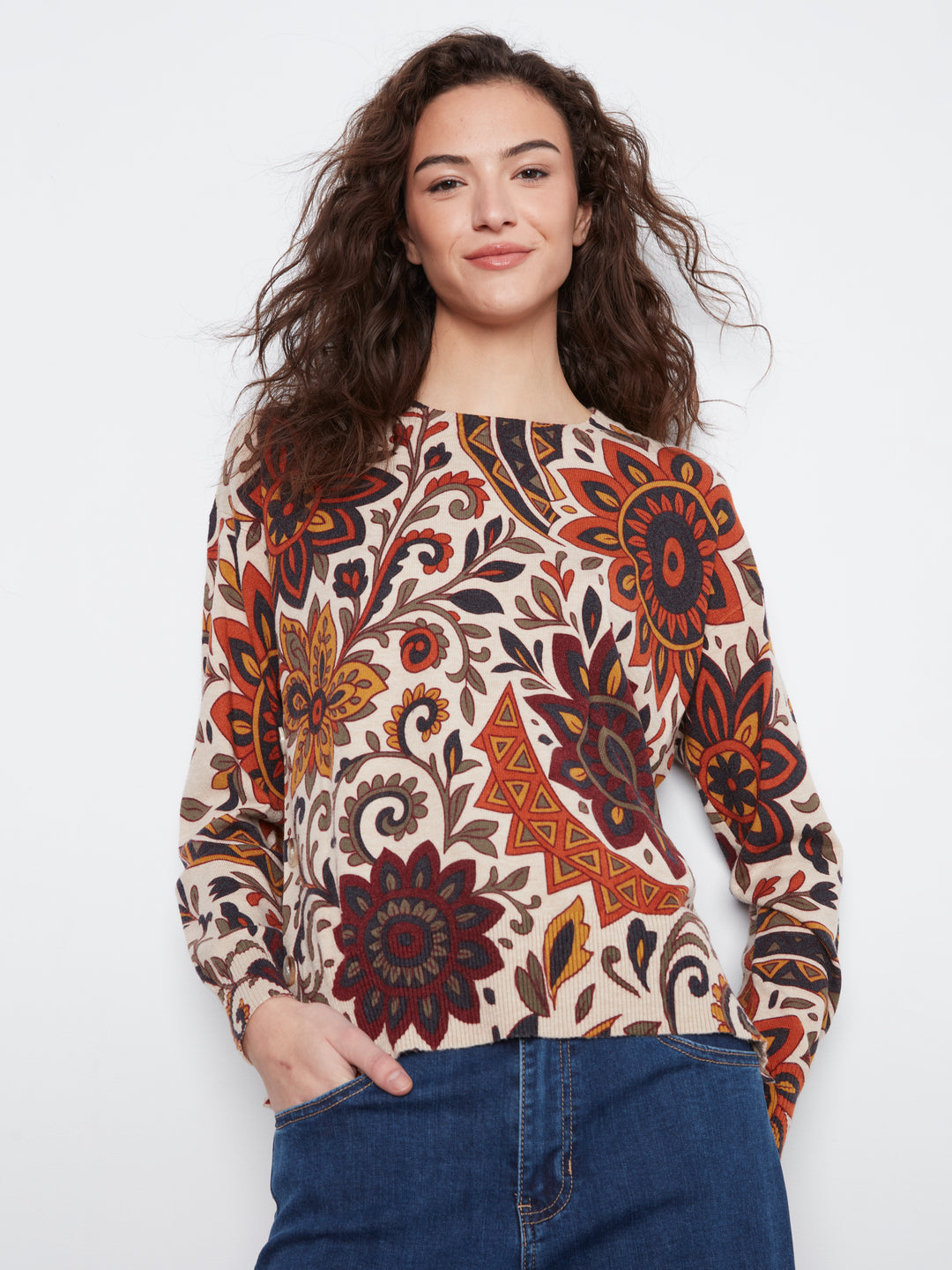 Long Sleeve Drop Shoulder Crew Neck Printed Sweater With Side Buttons Detail