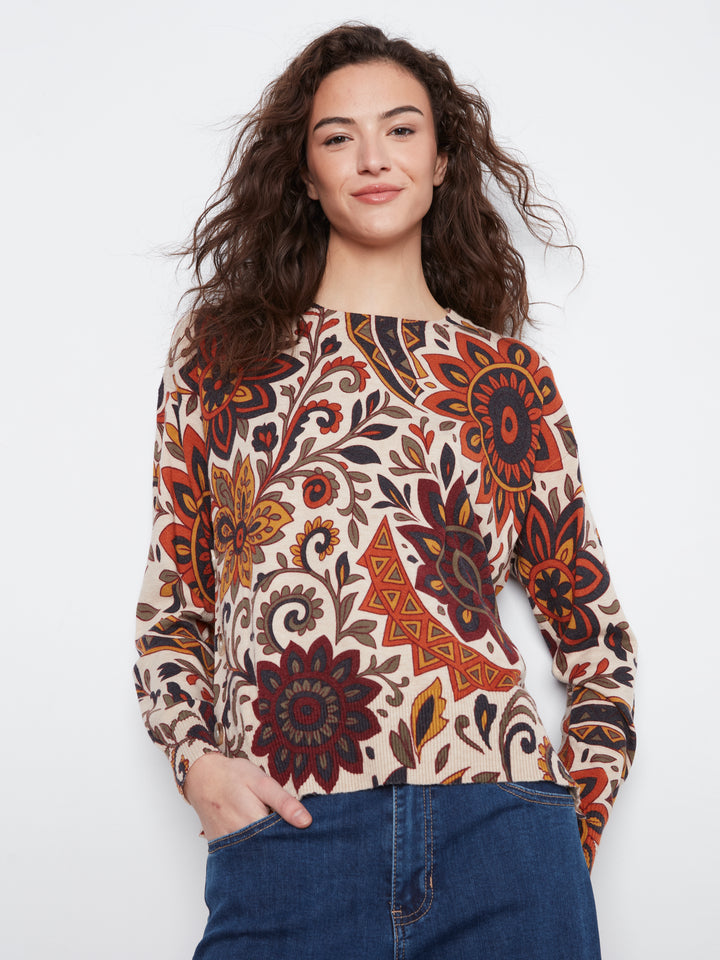 Long Sleeve Drop Shoulder Crew Neck Printed Sweater With Side Buttons Detail