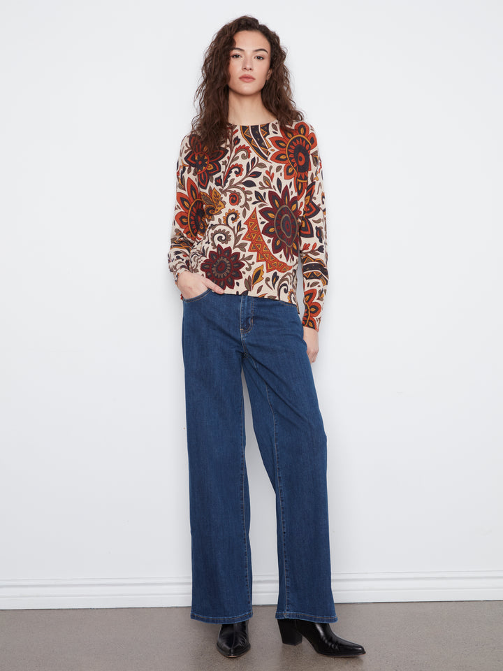 Long Sleeve Drop Shoulder Crew Neck Printed Sweater With Side Buttons Detail