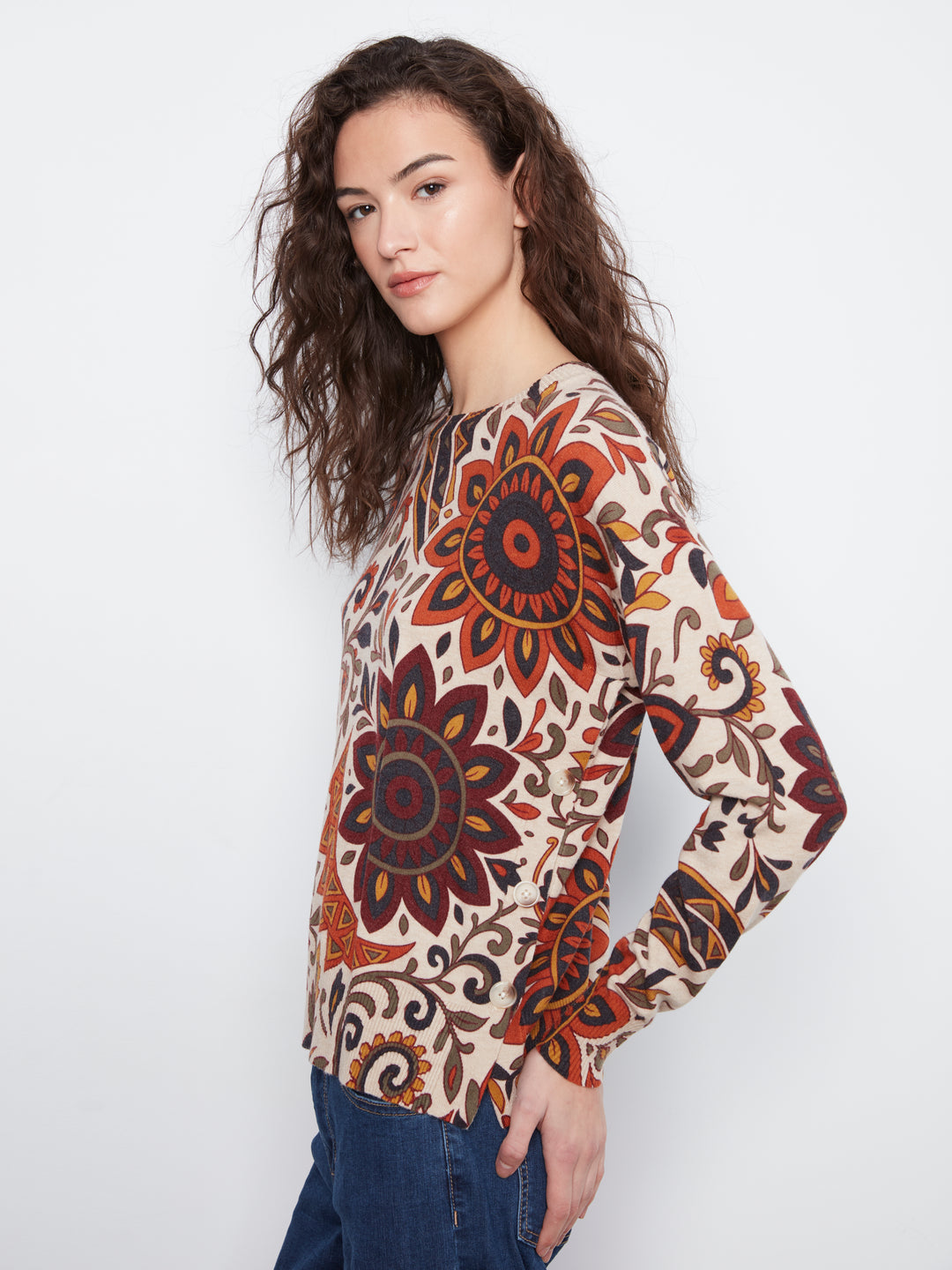 Long Sleeve Drop Shoulder Crew Neck Printed Sweater With Side Buttons Detail