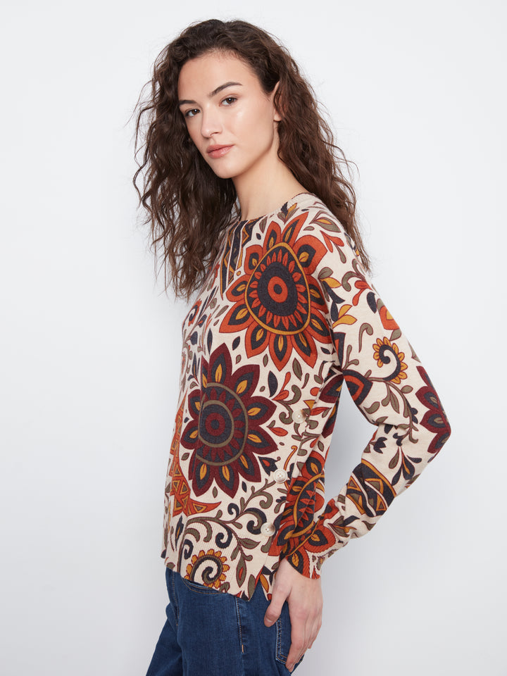 Long Sleeve Drop Shoulder Crew Neck Printed Sweater With Side Buttons Detail
