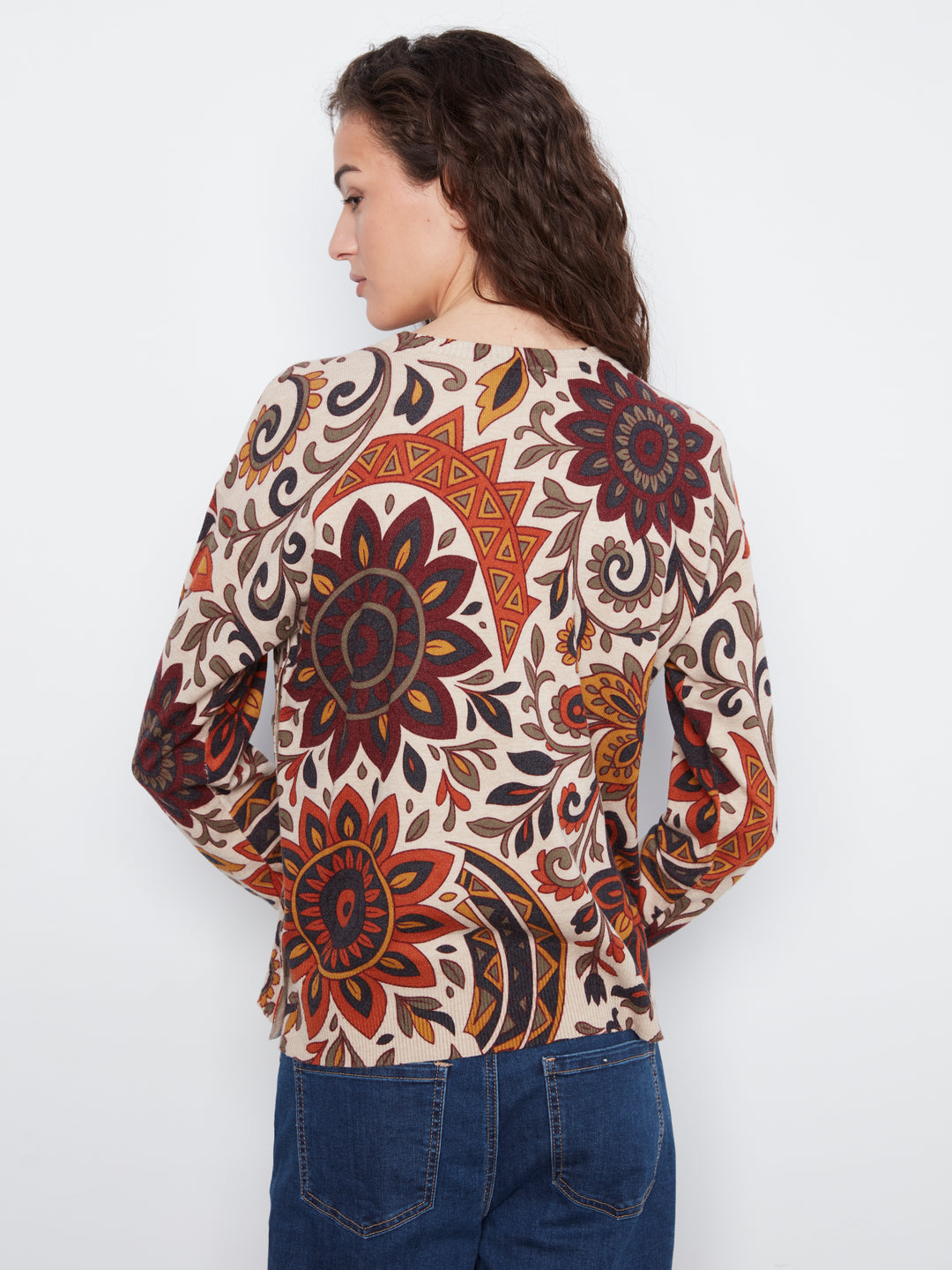 Long Sleeve Drop Shoulder Crew Neck Printed Sweater With Side Buttons Detail