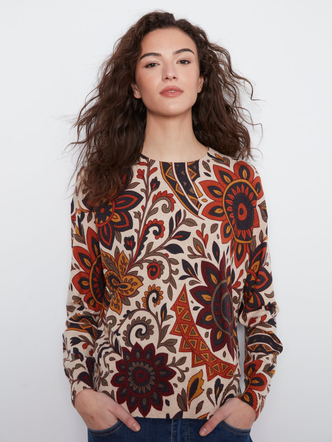 Long Sleeve Drop Shoulder Crew Neck Printed Sweater With Side Buttons Detail