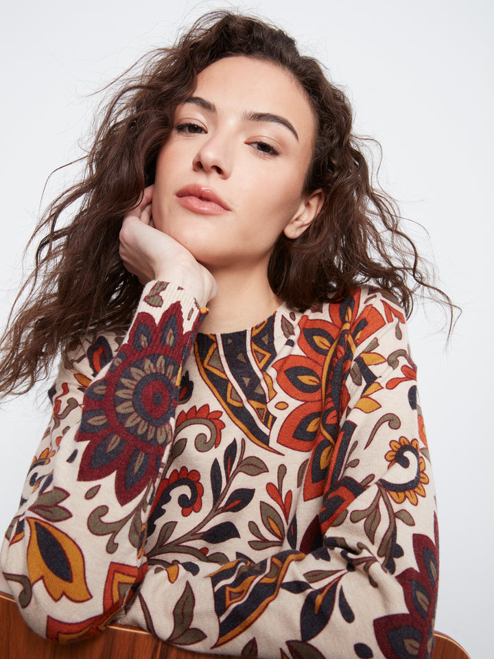 Long Sleeve Drop Shoulder Crew Neck Printed Sweater With Side Buttons Detail