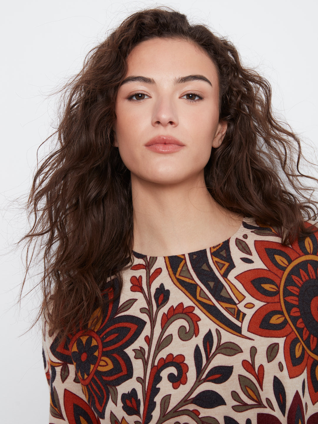 Long Sleeve Drop Shoulder Crew Neck Printed Sweater With Side Buttons Detail
