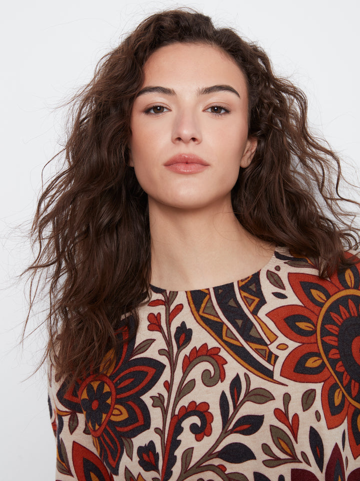 Long Sleeve Drop Shoulder Crew Neck Printed Sweater With Side Buttons Detail