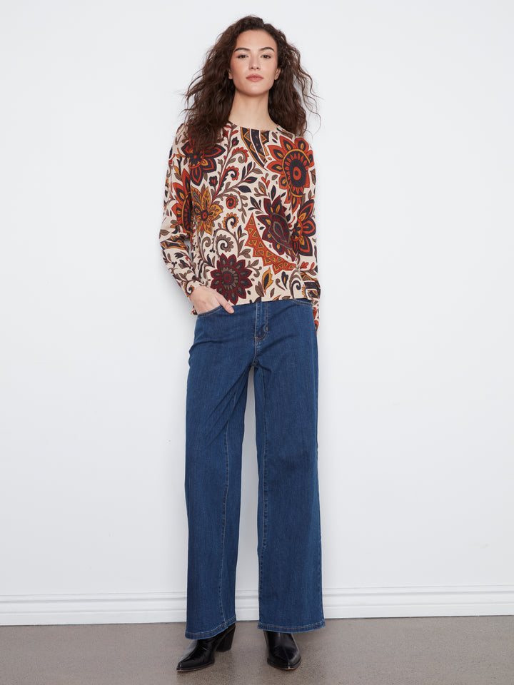 Long Sleeve Drop Shoulder Crew Neck Printed Sweater With Side Buttons Detail