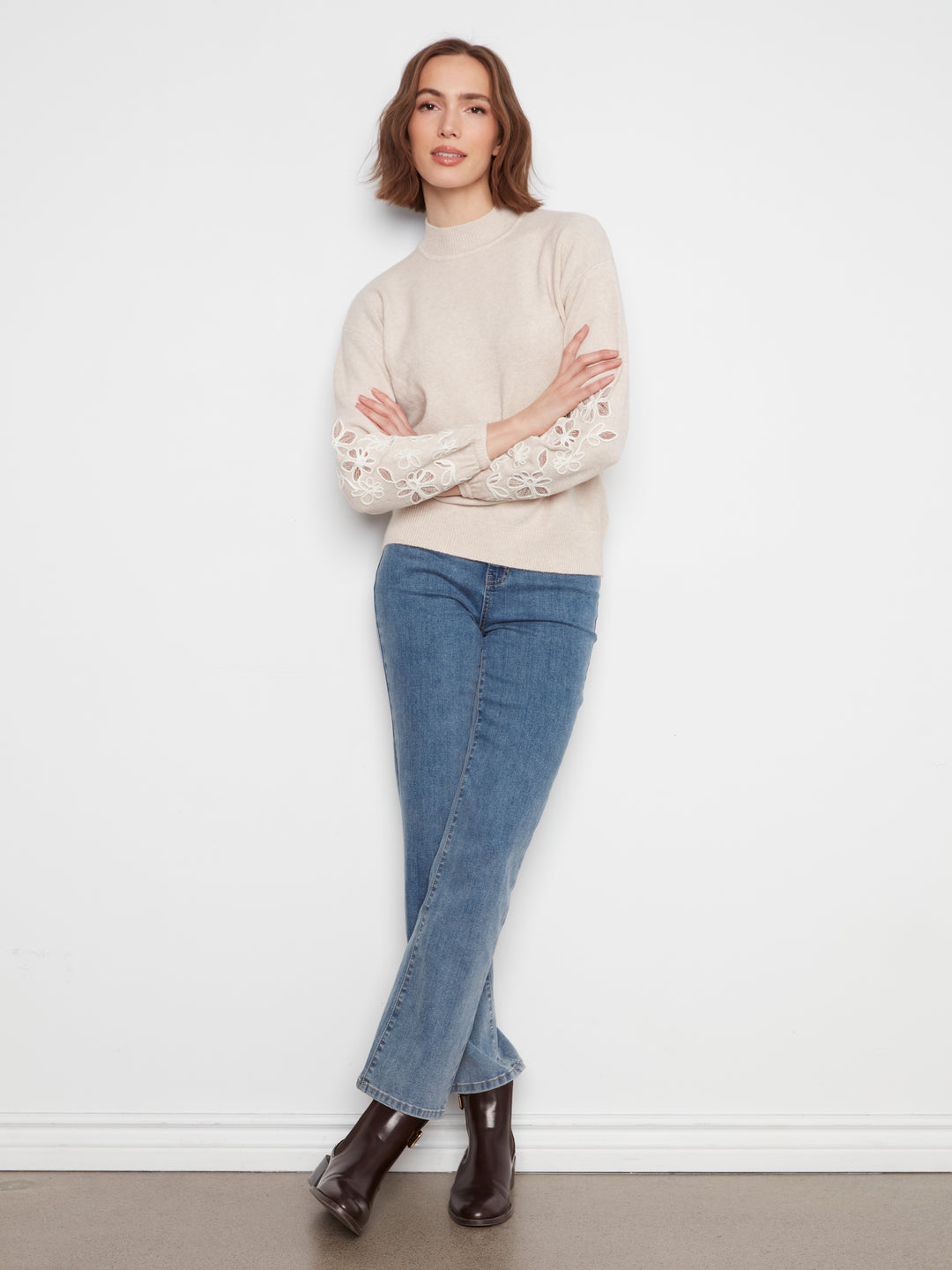 Mock Neck Sweater With Embroidery