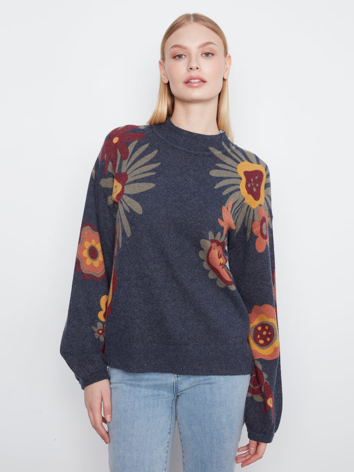 Long Sleeve Drop Shoulder Mock Neck Sweater With Placed Print