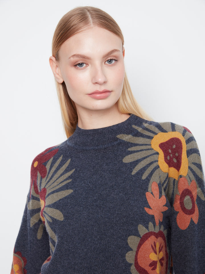 Long Sleeve Drop Shoulder Mock Neck Sweater With Placed Print