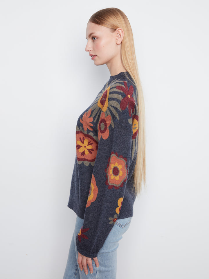 Long Sleeve Drop Shoulder Mock Neck Sweater With Placed Print