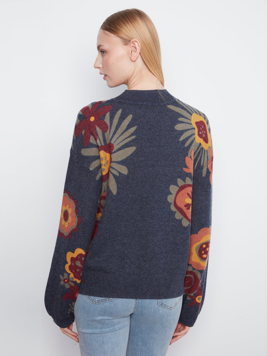 Long Sleeve Drop Shoulder Mock Neck Sweater With Placed Print