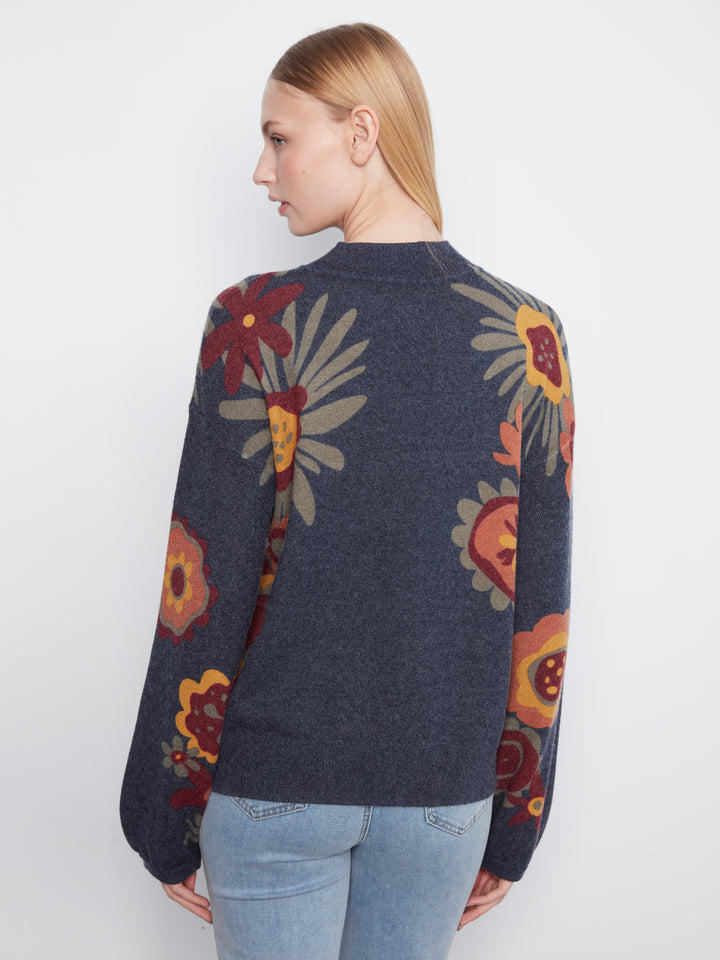 Long Sleeve Drop Shoulder Mock Neck Sweater With Placed Print