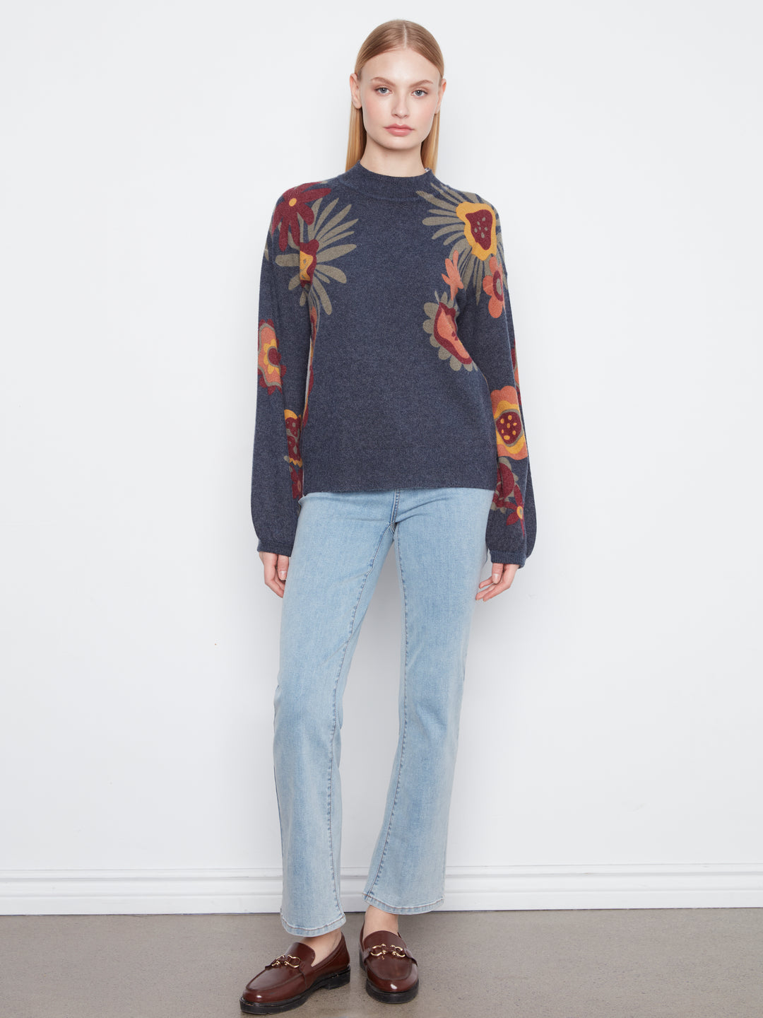 Long Sleeve Drop Shoulder Mock Neck Sweater With Placed Print