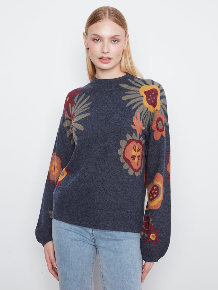 Long Sleeve Drop Shoulder Mock Neck Sweater With Placed Print