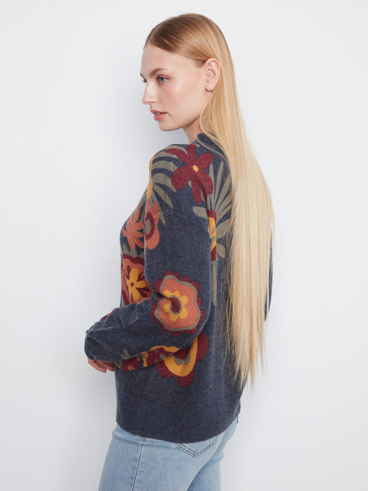 Long Sleeve Drop Shoulder Mock Neck Sweater With Placed Print