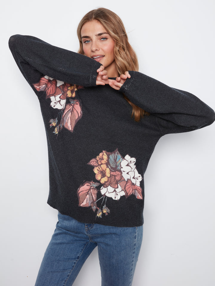 Long Sleeve Drop Shoulder Mock Neck Sweater With Placed Print