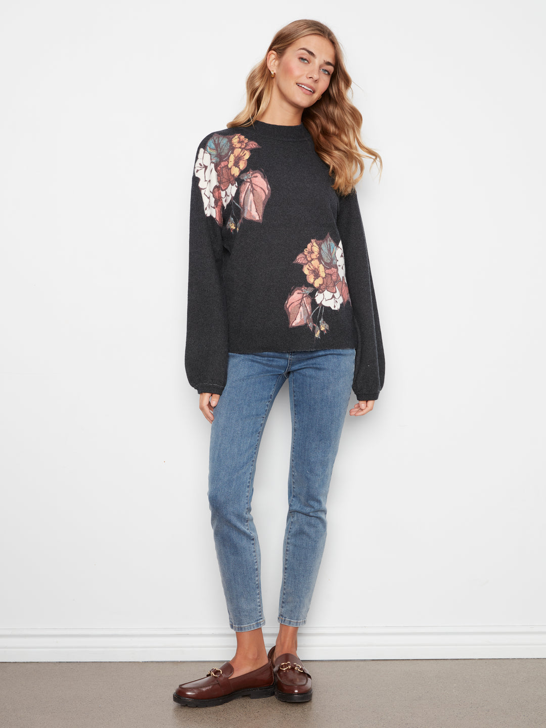 Long Sleeve Drop Shoulder Mock Neck Sweater With Placed Print