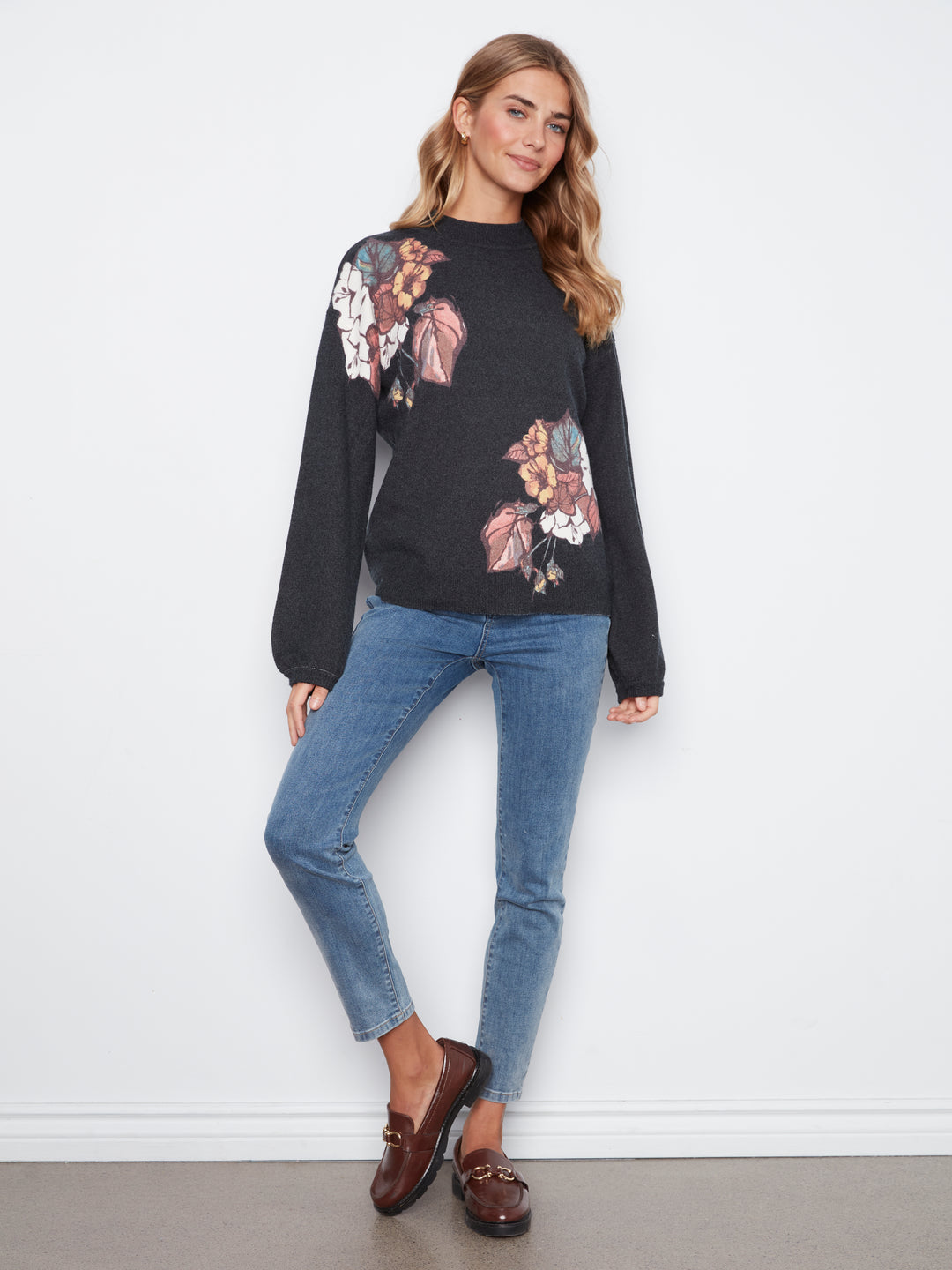 Long Sleeve Drop Shoulder Mock Neck Sweater With Placed Print