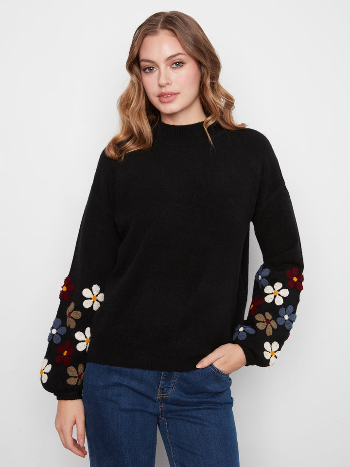 Mock Neck Sweater With Embroidery At Sleeves