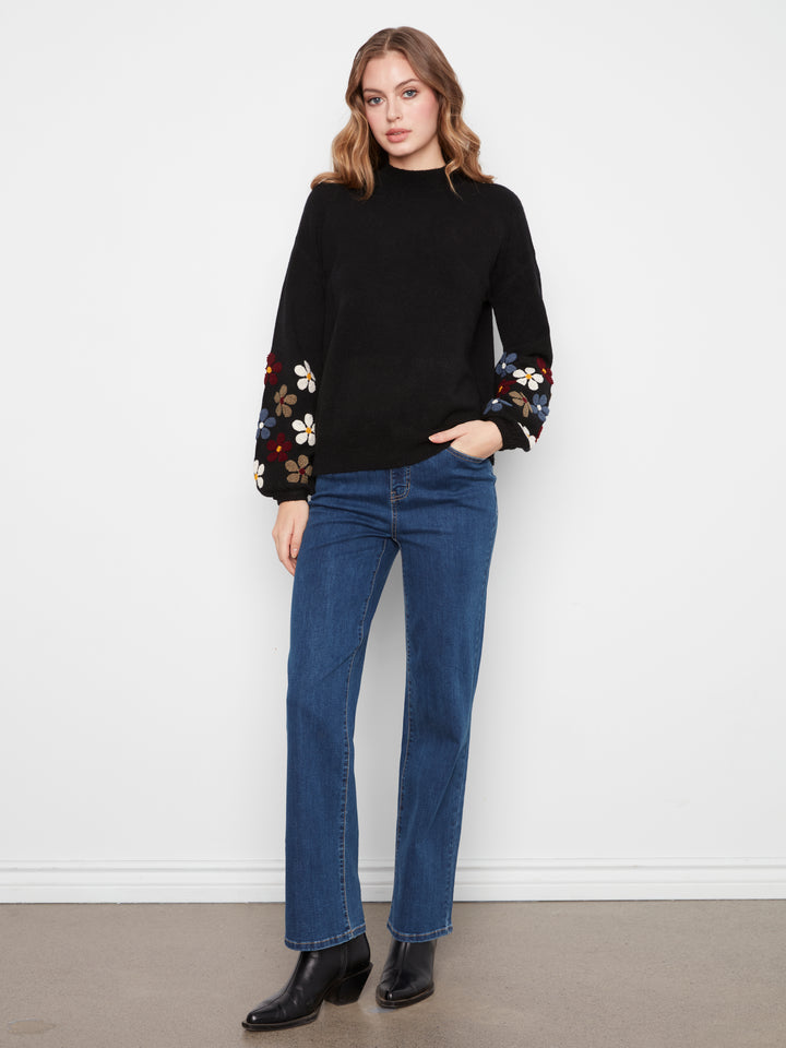 Mock Neck Sweater With Embroidery At Sleeves