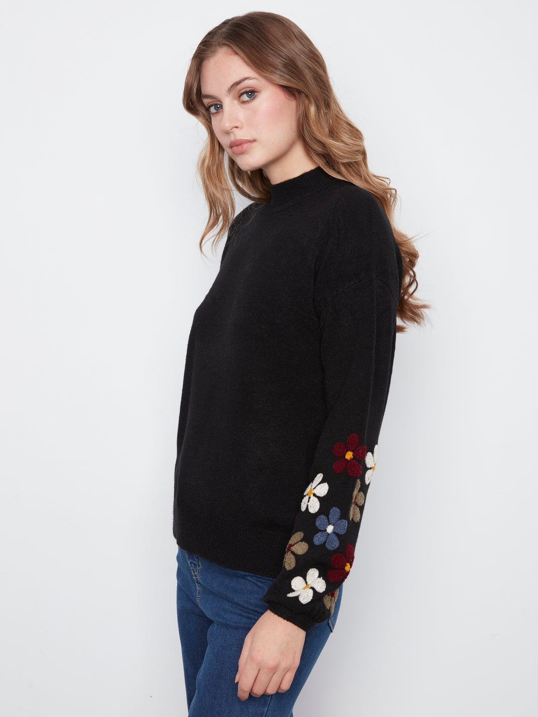 Mock Neck Sweater With Embroidery At Sleeves