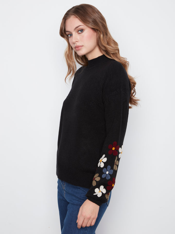 Mock Neck Sweater With Embroidery At Sleeves