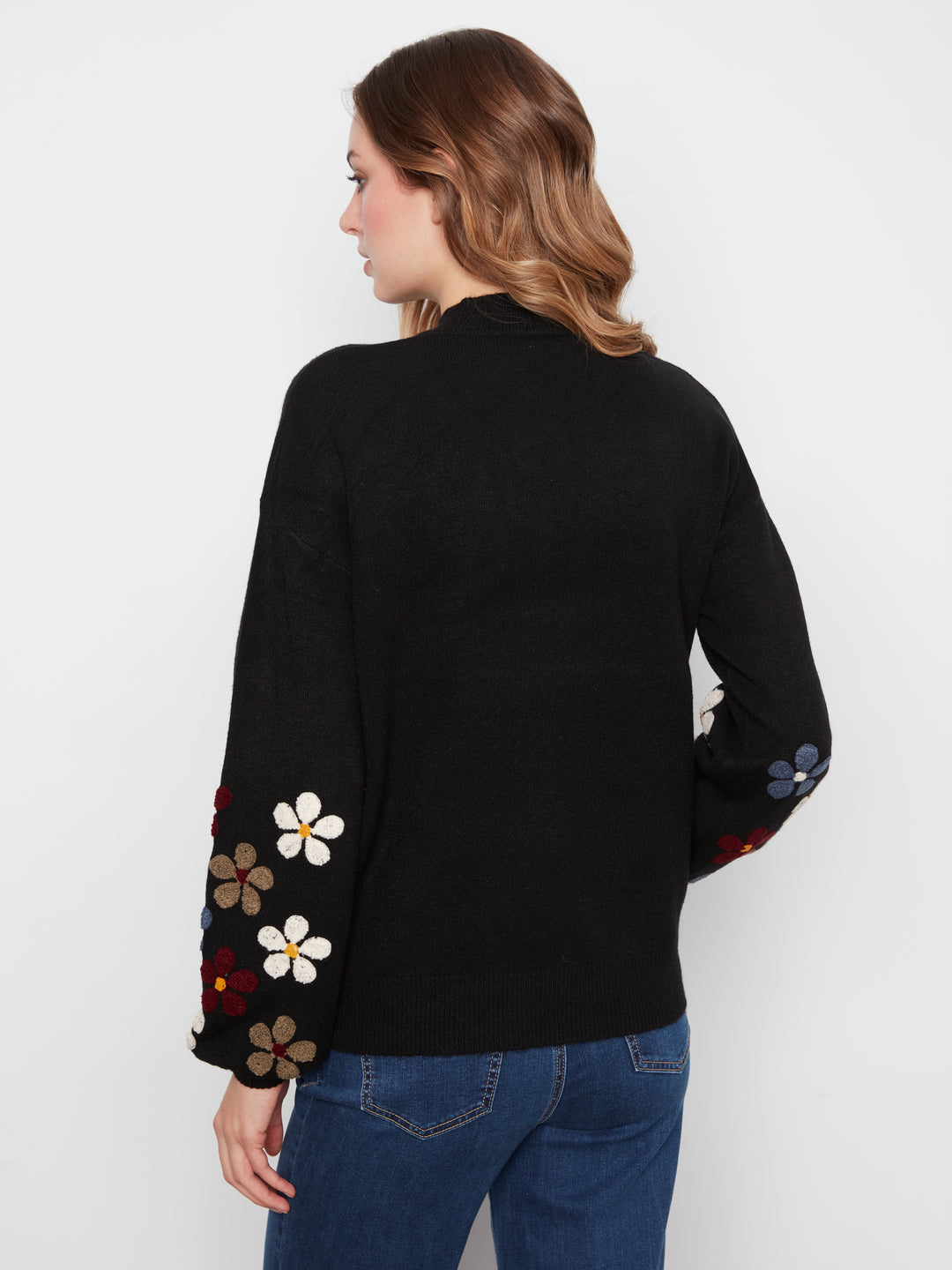 Mock Neck Sweater With Embroidery At Sleeves