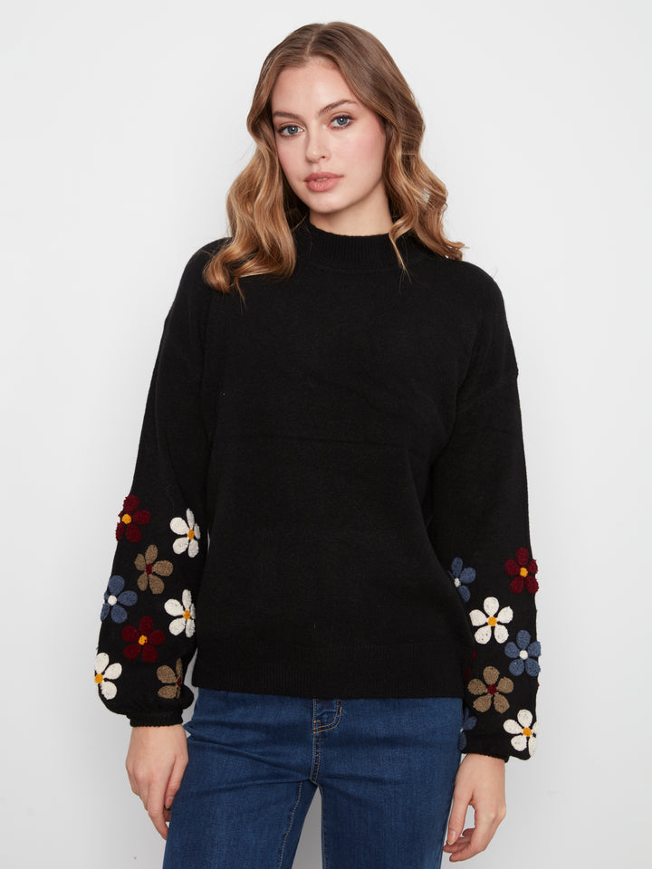 Mock Neck Sweater With Embroidery At Sleeves