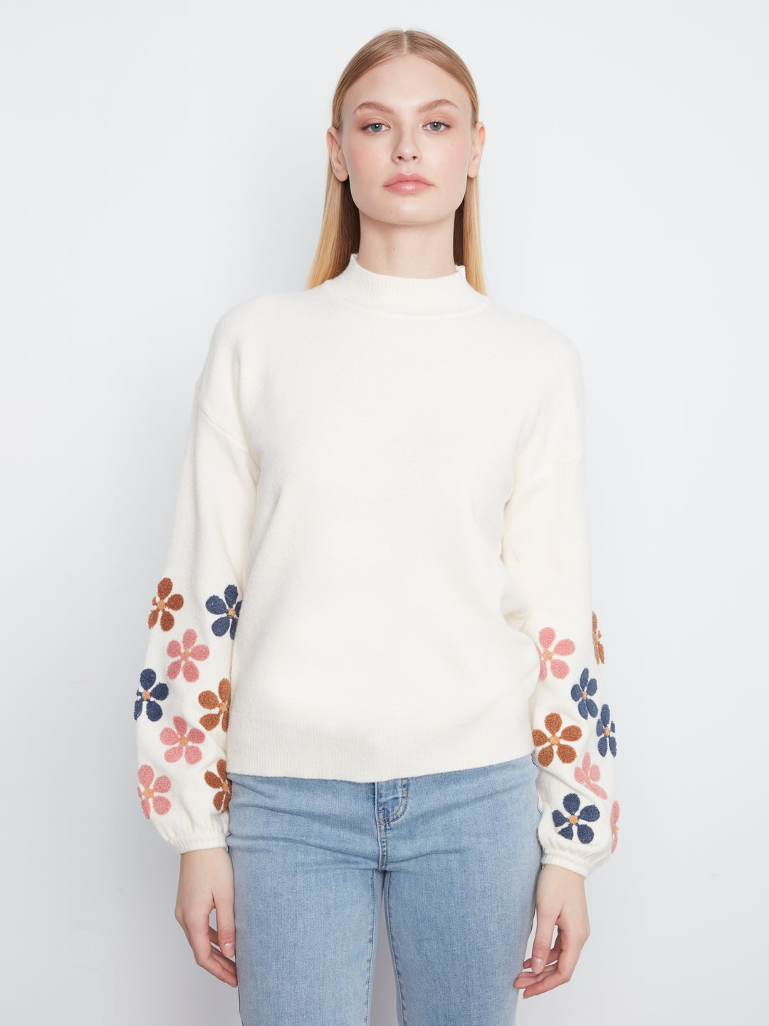 Mock Neck Sweater With Embroidery At Sleeves