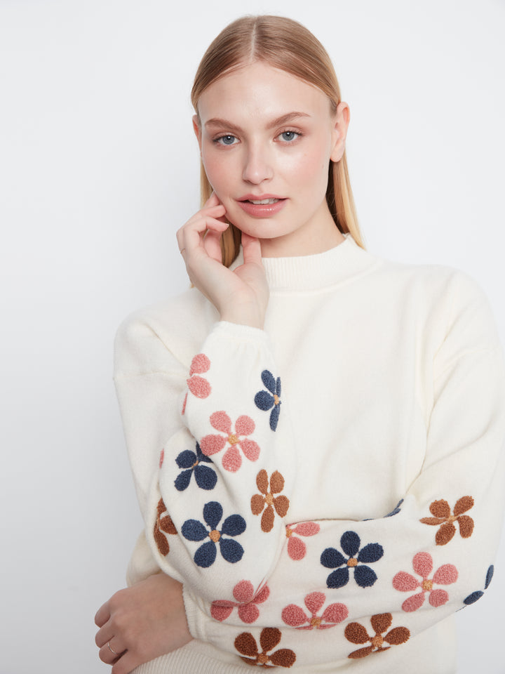 Mock Neck Sweater With Embroidery At Sleeves