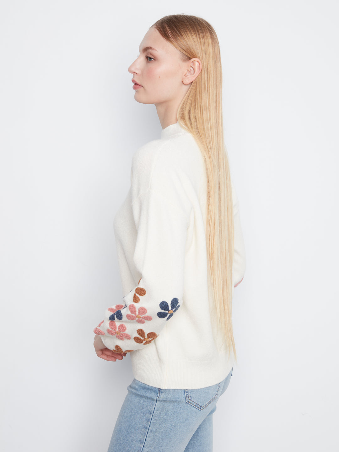 Mock Neck Sweater With Embroidery At Sleeves