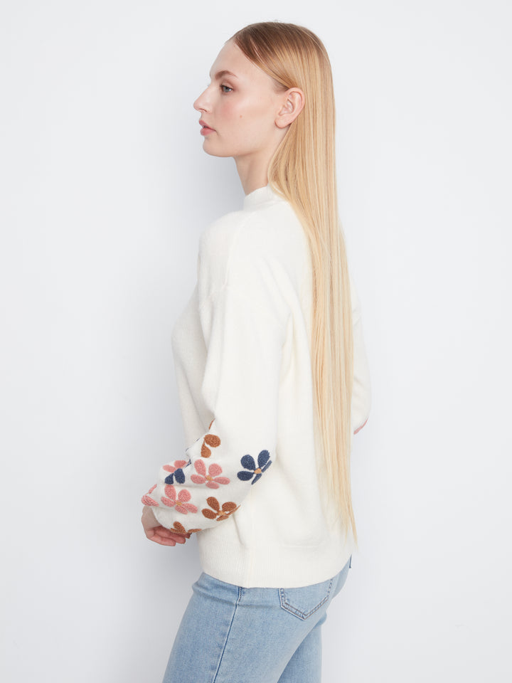 Mock Neck Sweater With Embroidery At Sleeves