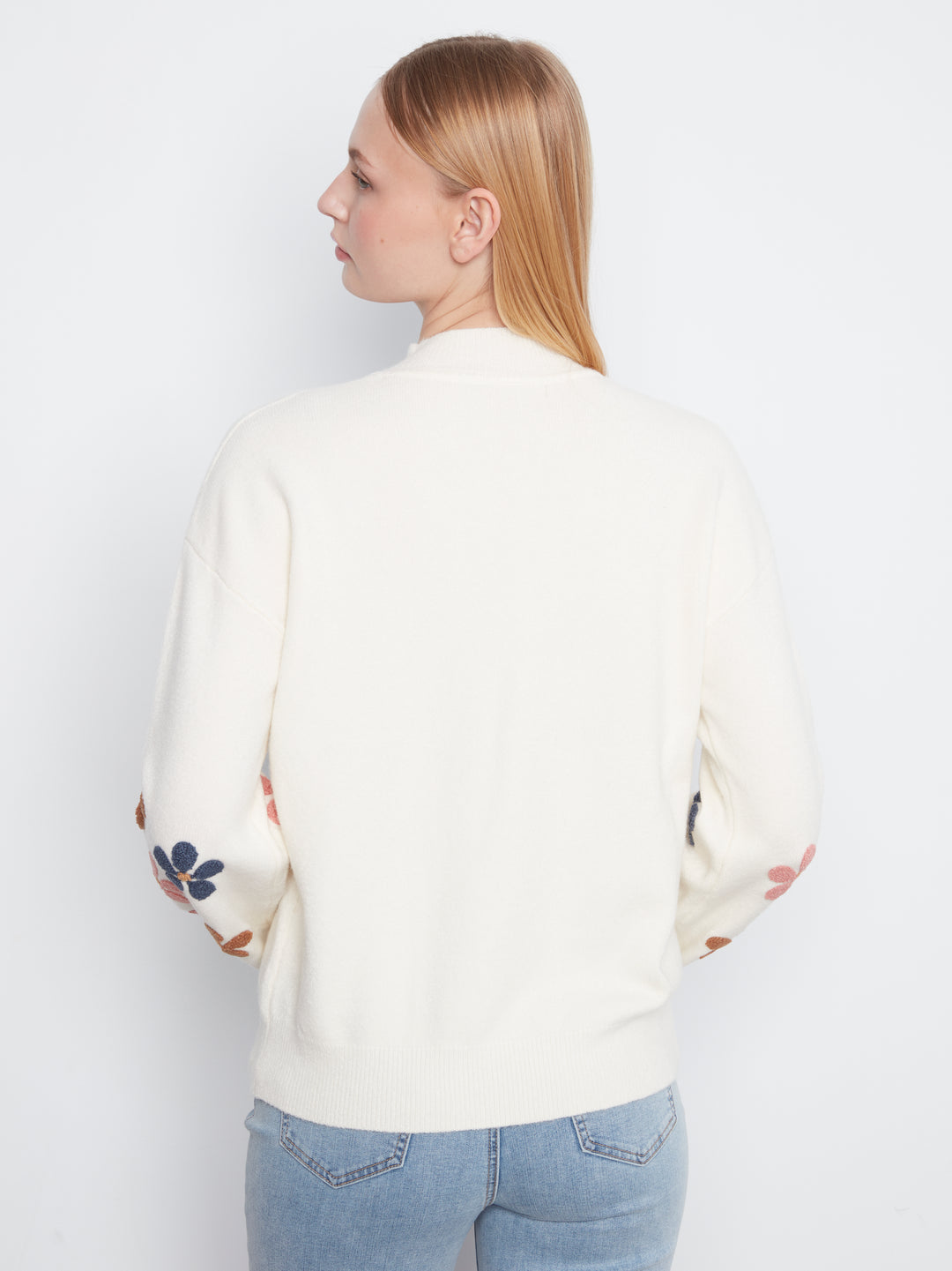 Mock Neck Sweater With Embroidery At Sleeves