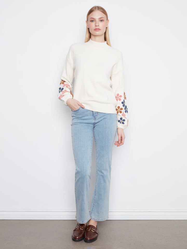 Mock Neck Sweater With Embroidery At Sleeves