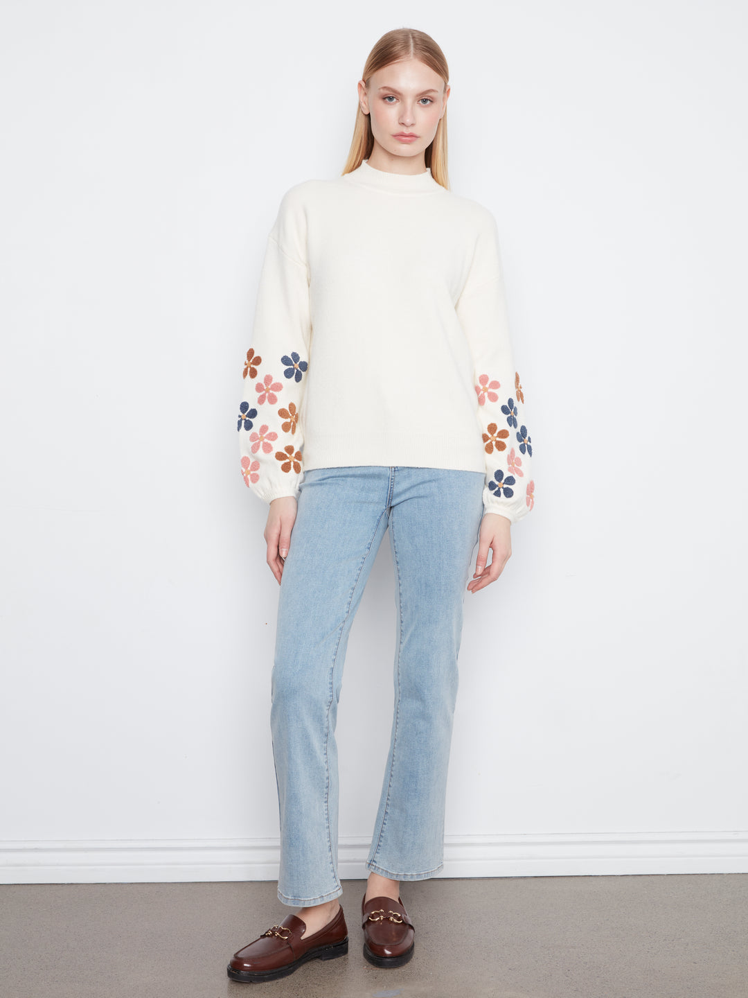 Mock Neck Sweater With Embroidery At Sleeves