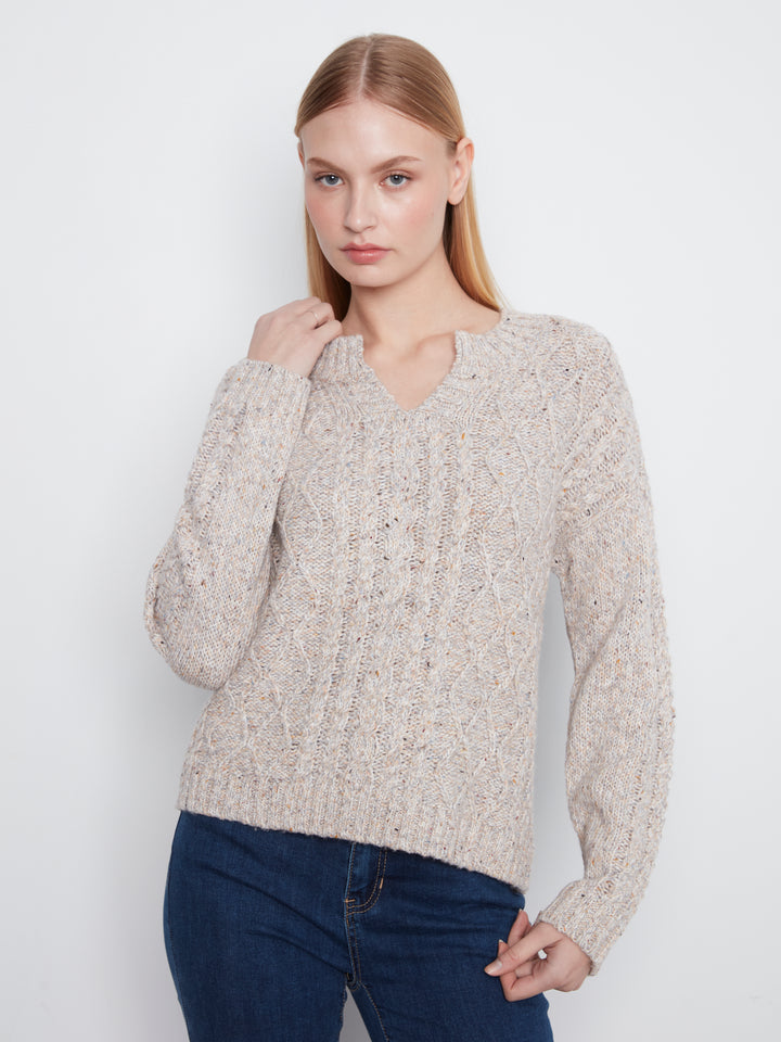 Long Sleeve Notch Neck Heather Nep Yarn Sweater